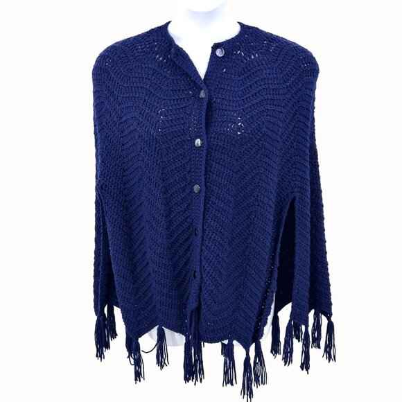 Vintage Dark Royal Blue Crochet Boho Hippie Button-Up Poncho With Tassels - Picture 1 of 5